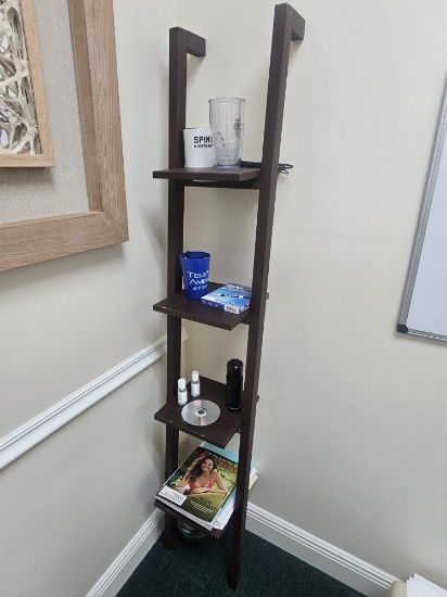 Four Tier Wall Mount Wood Shelving Unit with Contents