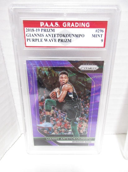 Giannis Antetokounmpo Bucks 2018-19 Prizm Purple Wave Prizm #296 graded PAAS Mint 9
