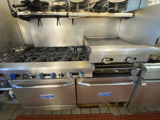 Royal six burner gas range with double oven 24 inch flat grill 20 inch broiler
