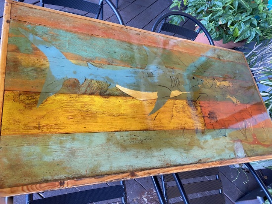 73" x 25" nautical themed outdoor wood table with resin and metal base