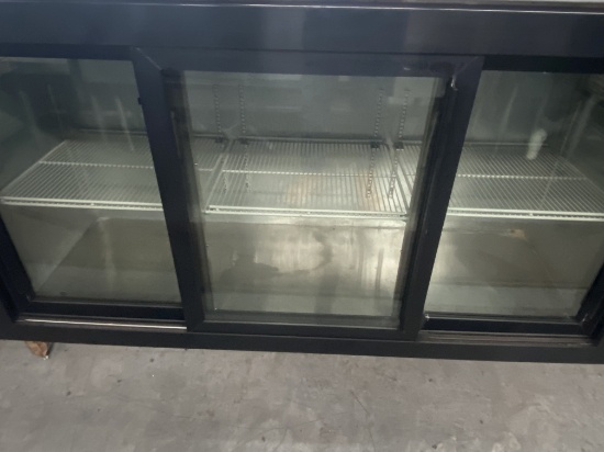 Beverage air 72 inch three door slide front glass back bar with stainless steel top and three adjust