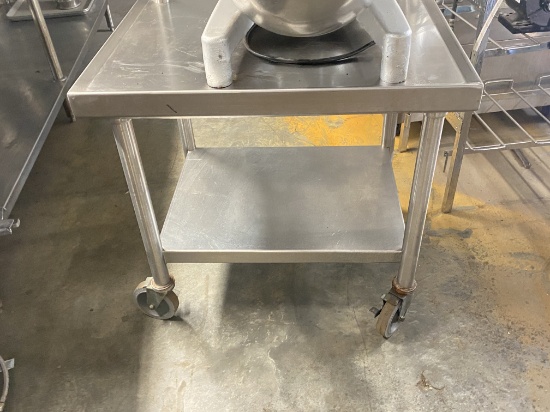 30" x 24" stainless steel equipment stand on casters with under shelf and pull for pots and accessor
