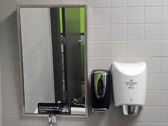 World Dryer Hand Dryer, S/S Frame Mirror and Soap Dispenser