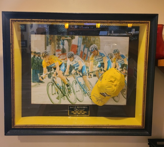 Lance Armstrong Signed Cap Shadowbox - 30.5 x 37. 5 in