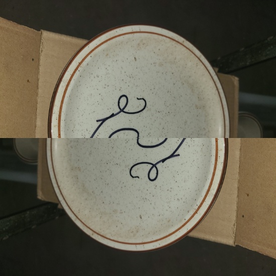 Dinner plate, white speckle with brown rim by Ultima