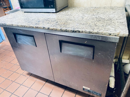 True 48 inch two door refrigerated stainless steel worktable with custom-made marble top for pizza m
