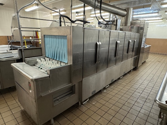 Large heavy duty, Hobart FT1000 conveyor style dishwashing system complete with dishwasher dirty sta