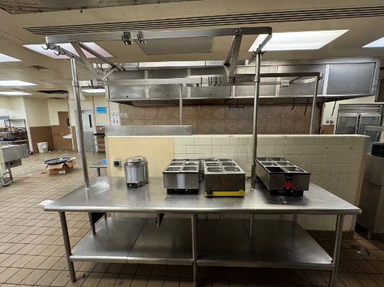 9 ft stainless steel table with pot rack, stainless steel legs, and under shelf
