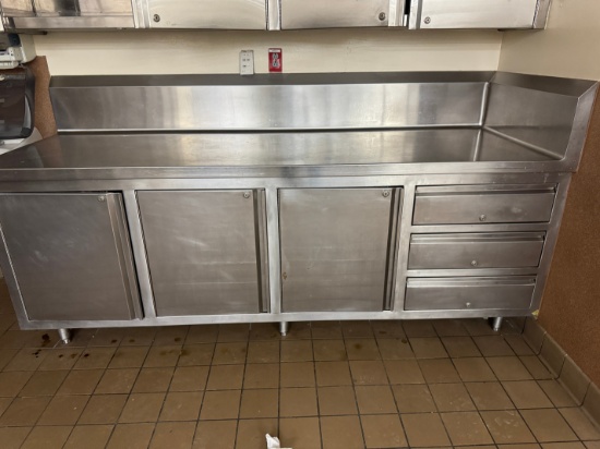8 foot stainless steel wall cabinet with three drawers, three cabinets, 12 inch backsplash and side