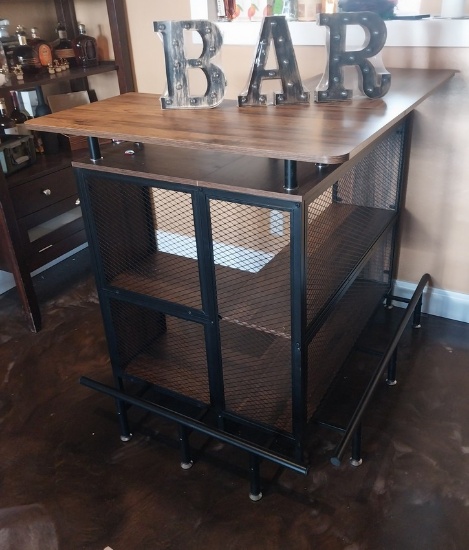 Wood and Metal Bar with foot rail and BAR sign - 35.5 x 47.5 L x 42 in
