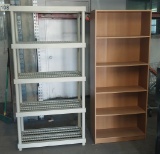 Wood Book shelf and Portable Resin 5 Tier shelf - both 6 ft high