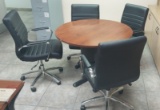 wooden table with 4 rolling chairs -one needs TLC
