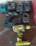 Various battery chargers and drills