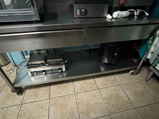 6’ by 24” Stainless Steel Table on Casters w/ (2) Stainless Steel Draws & 8” Backsplash