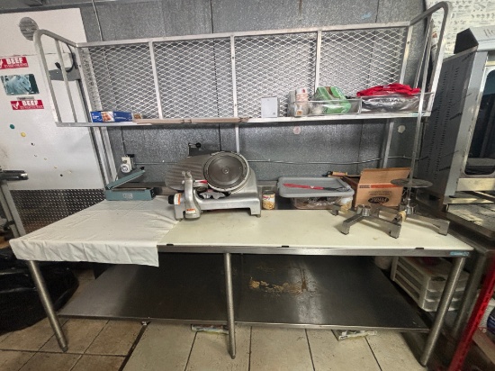 8' Stainless Steel Bakers Table W/ Over Shelf & Cutting Board Surface