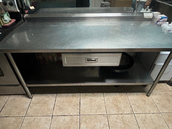 6’ All Stainless Steel Table w/ Draw and S/S Under Shelf & 3” Back Splash w/ Contents of Draw