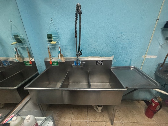 6’ Stainless Steel 3 Compartment Sink w/ Faucet and Spritzer - ALL STAINLESS STEEL