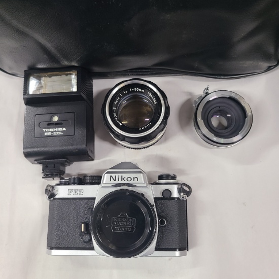 Nikon FE2 35mm SLR Camera with Nikkor 50mm f/1.4 Lens, Flash and Bag