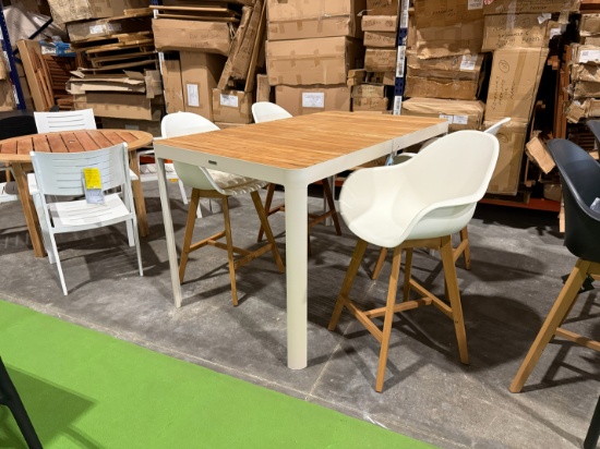 BRAND NEW ORIGINAL PACKAGING HIGH TOP TEAK TABLE 63"L x 38"W x 38"H WITH 4 BAR STOOLS - PORTALS BAR