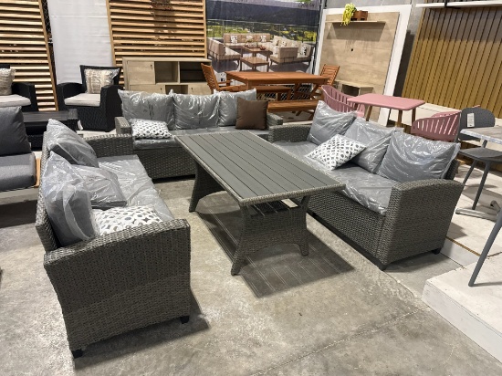 BRAND NEW FLOOR SAMPLE 9-PERSON SOFA SET WITH DINING TABLE - WICKER GREY - 3 VINH SOFAS + VINH COFFE