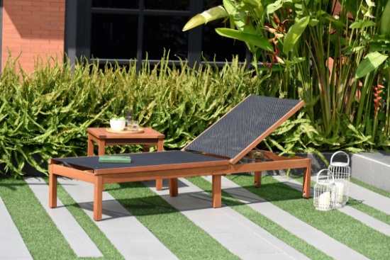 BRAND NEW FLOOR SAMPLE SOLID WOOD WHEEL CHAISE WITH SQUARE SIDE TABLE - KINGSBURY LOUNGER BLACK + KI