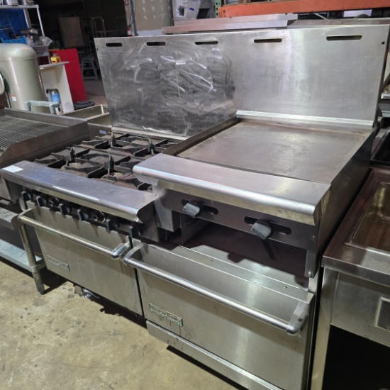 American Range 60" natural gas 6-burner range with 24" griddle and double standard ovens