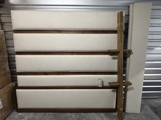 Vanguard Furniture King Upholstered Panel Bed – Cream Fabric & Dark Wood Frame