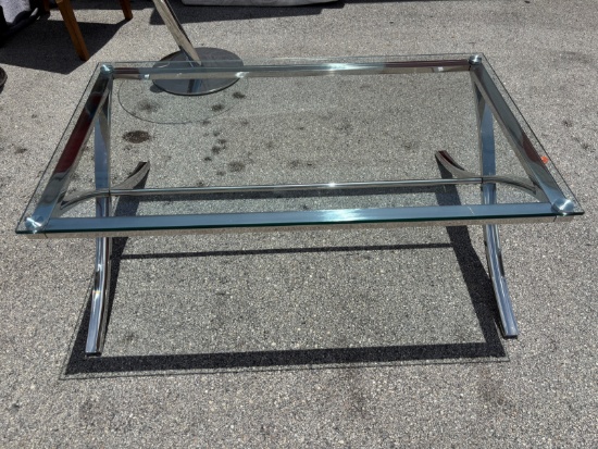 48" by 28" Glass Top Table W/ Metal Base / Chrome & Glass Coffee Table