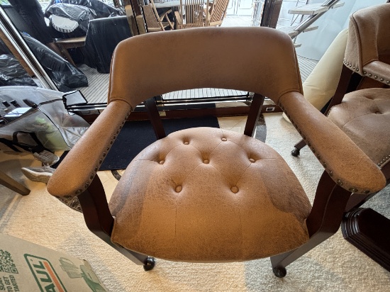 Wood Frame W/ Leather Seat Barrel Chair on Casters W/ Arms