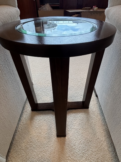 20" Round Wood Frame & Glass Top Side Table / Round Side Table