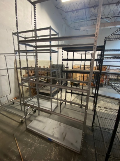 Slotted angle shelving with wood shelves, 8 feet high 48 inches wide 18 inches deep
