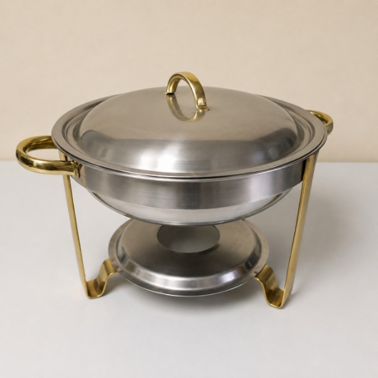 Round Stainless Steel Chafing Dish with Gold-Tone Accents & Lid