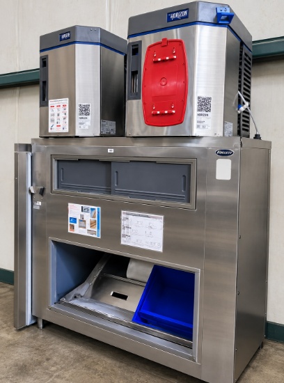 Follett Horizon Elite Chewblet Ice System with two HMF1650RBT ice maker heads mounted on stainless s