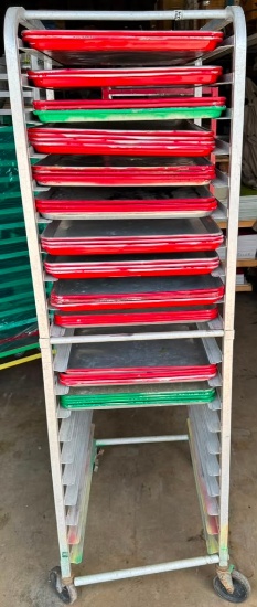 Mobile Bakery Sheet Pan Rack with Red & Green Trays