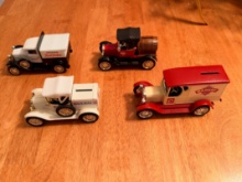 Set of (4) Diecast Metal Medium Size Vintage Cars W/ Piggy Banks - Bank Car - Antique