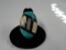 ZUNI HEAVY SILVER INLAID RING WITH TURQUOISE, MOTHER OF PEARL & JET