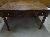ANTIQUE PARTNERS DESK - HAND HEWN SOLID TOP, 2 SMALL DRAWERS ON EACH SIDE
