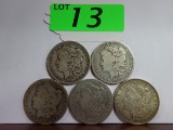 (5) MORGAN SILVER DOLLARS: 1880-O, 1882, 1890-O, 1891-O, 1921-D. CIRCULATED CONDITION