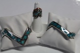 CA. 1970S, PAIR OF MATCHING TURQUOISE AND SILVER LIGHTNING BRACELETS DONE IN CHIP INLAY STYLE