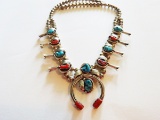 NAVAJO SQUASH BLOSSOM NECKLACE & EARRINGS: STERLING WITH NATURAL TURQUOISE & CORAL STONES