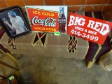 (3) PIECES VINTAGE METAL DÉCOR: COCA COLA SIGN, COCA COLA TRAY AND BIG RED FENCE & DECK SIGN