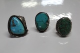 (3) NAVAJO SILVER AND TURQUOISE RINGS: (1) MARKED STERLING