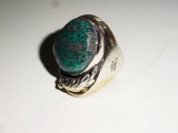 NAVAJO OLD PAWN HEAVY SILVER LEAF DESIGN STAMPED SHANK  WITH LARGE SMOOTH TURQUOISE STONES