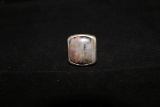 NAVAJO OLD PAWN HEAVY SILVER RING STAMPED DESIGN RECTANGULAR AGATE