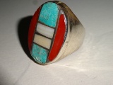 ZUNI HEAVY SILVER INLAID RING WITH CORAL, TURQUOISE & MOTHER OF PEARL