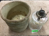 (3) VINTAGE ITEMS: ICE TONGS, CROCK, & KEROSENE LAMP