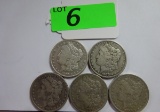 (5) MORGAN SILVER DOLLARS: 1889-O, 1890-O, 1891-S, 1899-O, 1900-O. CIRCULATED CONDITION