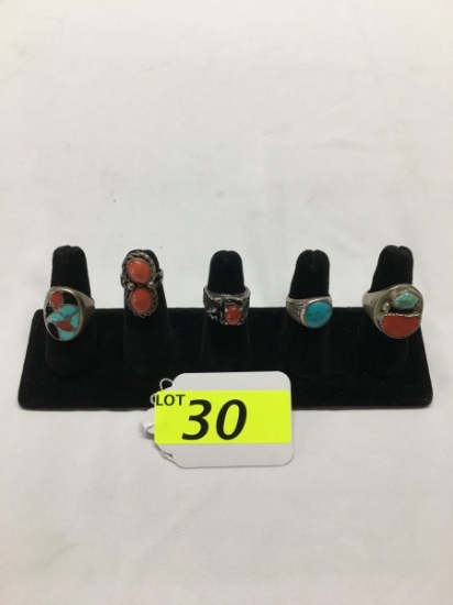 5 NATIVE AMERICAN CORAL AND TURQUOISE RINGS