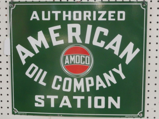 PORCELAIN SIGN AUTHORIZED AMERICAN OIL COMPANY STATION-17X20"