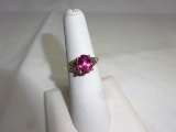 LADIES 10KT WHITE GOLD FASHION RING WITH PINK OVAL CENTER STONE